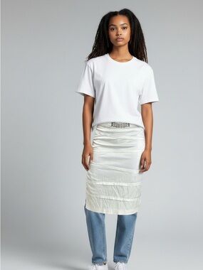 White Satin Pencil Skirt with Embellished Waist